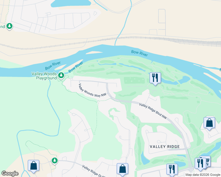 map of restaurants, bars, coffee shops, grocery stores, and more near 11740 Valley Ridge Boulevard Northwest in Calgary