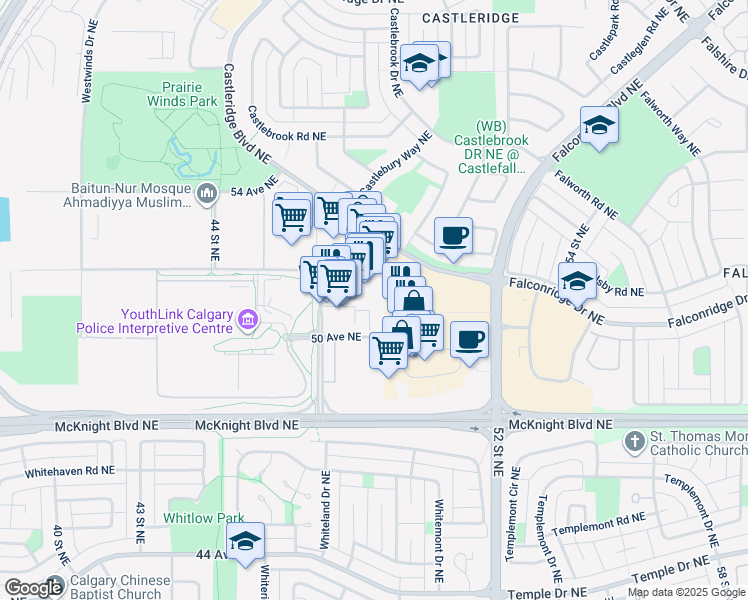 map of restaurants, bars, coffee shops, grocery stores, and more near 77 Falsbridge Drive Northeast in Calgary
