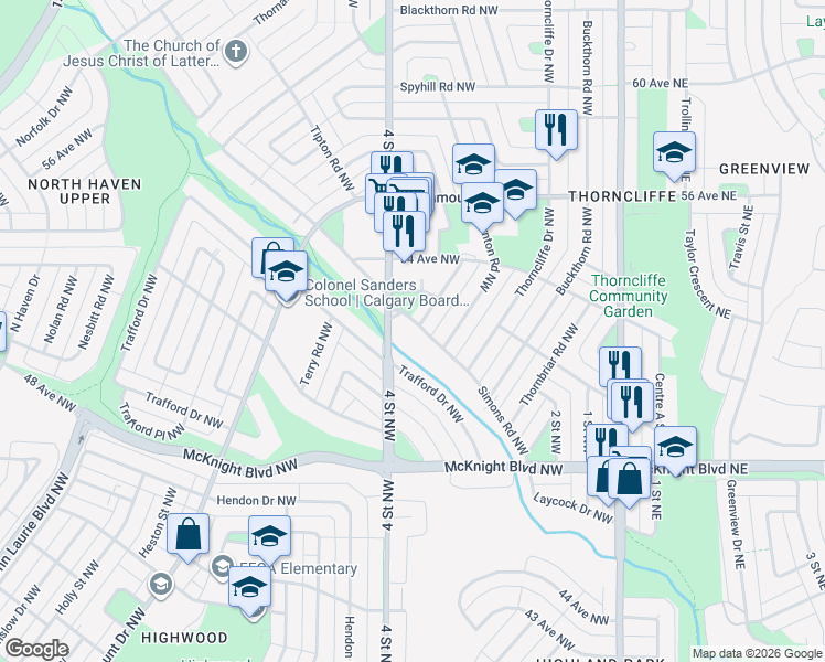 map of restaurants, bars, coffee shops, grocery stores, and more near 423 Simons Road Northwest in Calgary