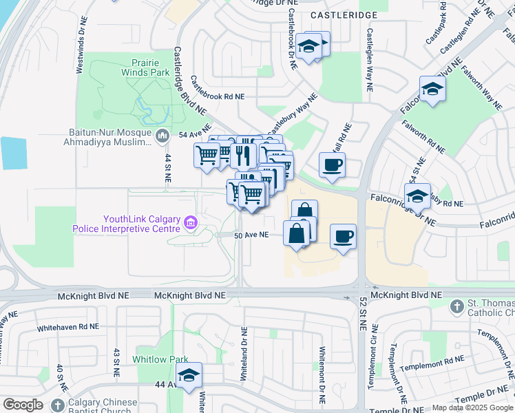 map of restaurants, bars, coffee shops, grocery stores, and more near 5120 47 Street Northeast in Calgary