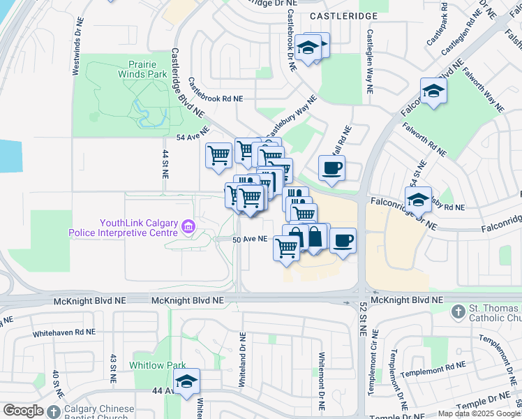 map of restaurants, bars, coffee shops, grocery stores, and more near 5150 47 Street Northeast in Calgary