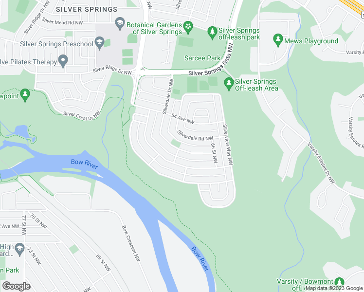 map of restaurants, bars, coffee shops, grocery stores, and more near 5352 Silverdale Drive Northwest in Calgary