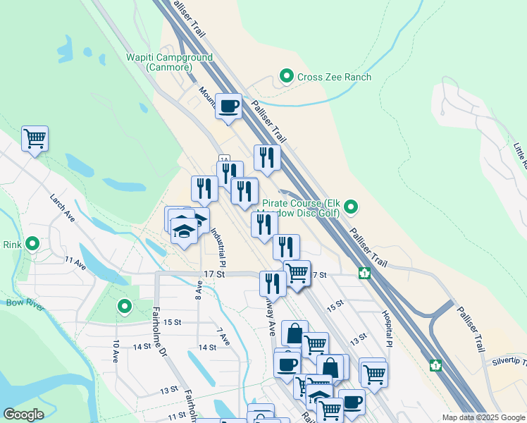 map of restaurants, bars, coffee shops, grocery stores, and more near 1709-1715 Bow Valley Trail in Canmore