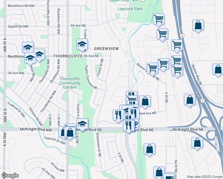 map of restaurants, bars, coffee shops, grocery stores, and more near 320 Grier Avenue Northeast in Calgary