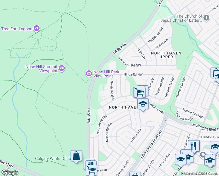 map of restaurants, bars, coffee shops, grocery stores, and more near 5007 Norris Road Northwest in Calgary
