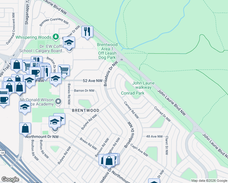 map of restaurants, bars, coffee shops, grocery stores, and more near 5308 Brisebois Drive Northwest in Calgary
