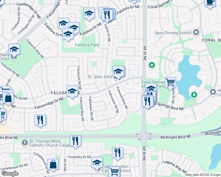 map of restaurants, bars, coffee shops, grocery stores, and more near 280 Fallswater Road Northeast in Calgary