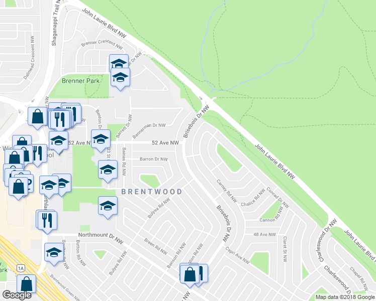 map of restaurants, bars, coffee shops, grocery stores, and more near 5308 Brisebois Drive Northwest in Calgary