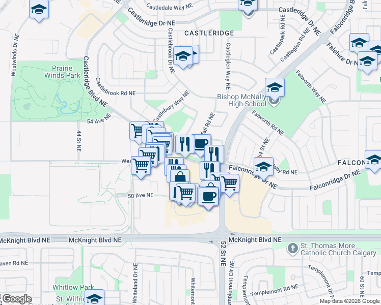 map of restaurants, bars, coffee shops, grocery stores, and more near 20 Castlefall Road Northeast in Calgary