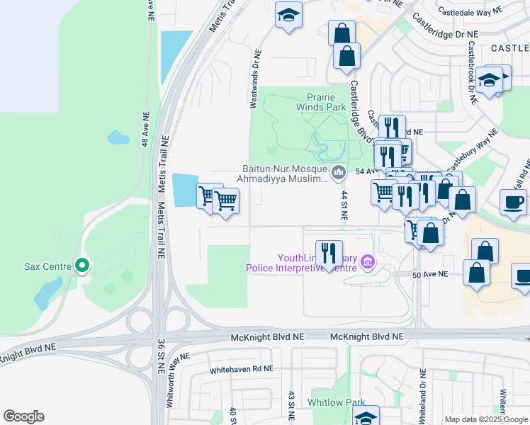 map of restaurants, bars, coffee shops, grocery stores, and more near 4100 Westwinds Drive Northeast in Calgary