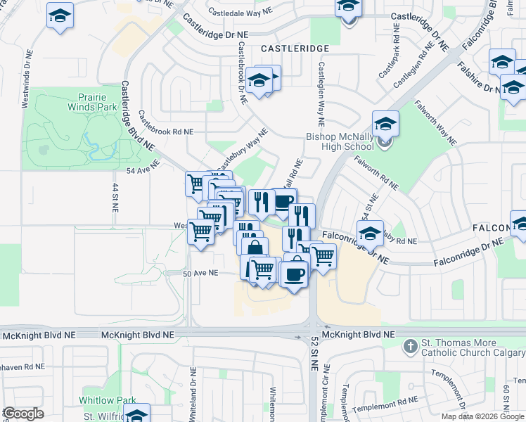 map of restaurants, bars, coffee shops, grocery stores, and more near 20 Castlefall Road Northeast in Calgary