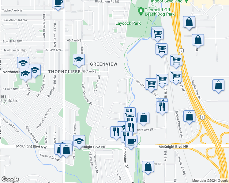 map of restaurants, bars, coffee shops, grocery stores, and more near 3302 Grier Place Northeast in Calgary