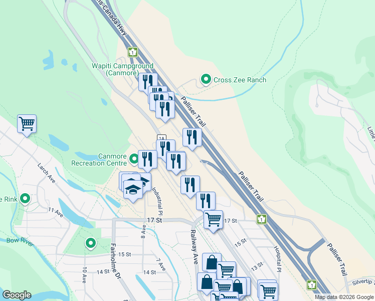map of restaurants, bars, coffee shops, grocery stores, and more near in Canmore