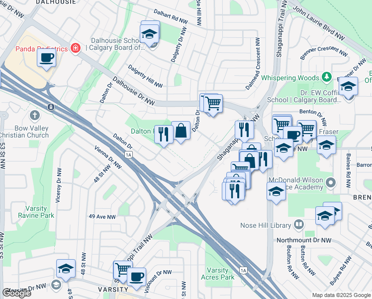 map of restaurants, bars, coffee shops, grocery stores, and more near 5404 Dalton Drive Northwest in Calgary