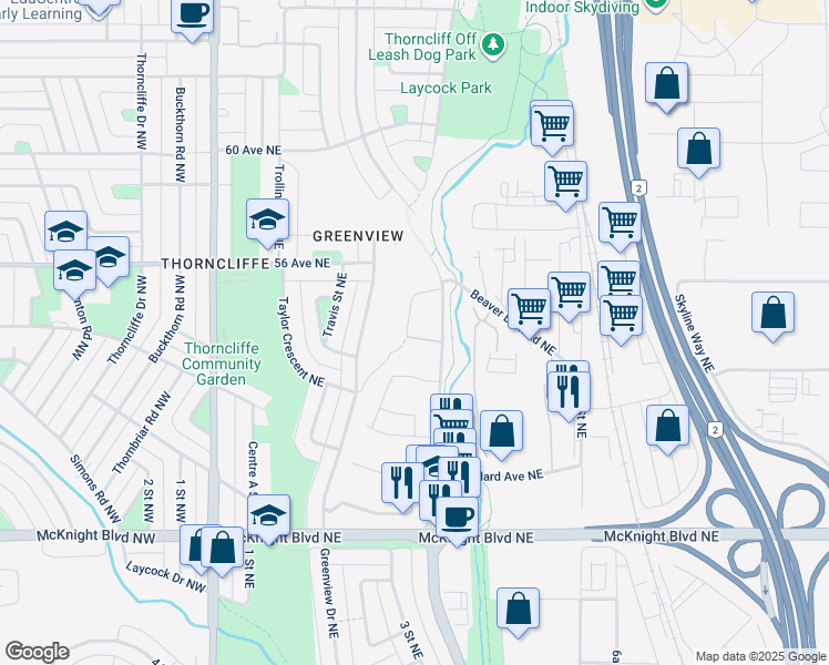 map of restaurants, bars, coffee shops, grocery stores, and more near 205 Grier Terrace Northeast in Calgary