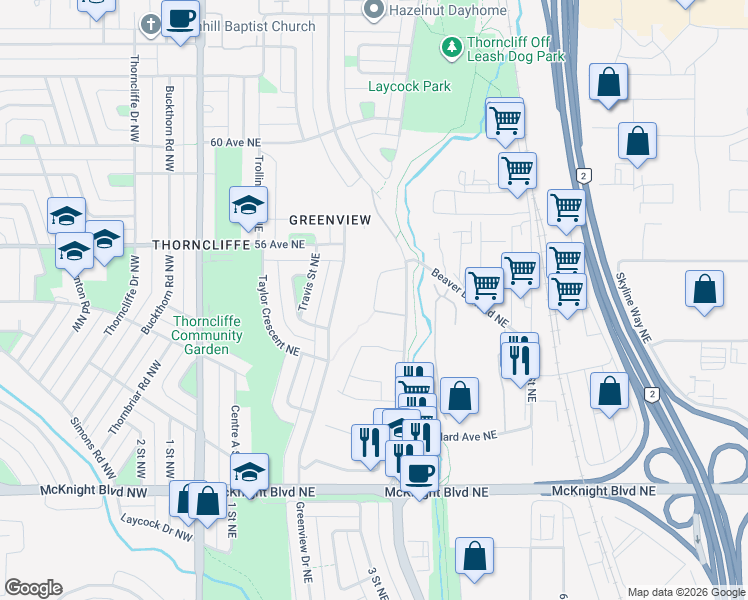 map of restaurants, bars, coffee shops, grocery stores, and more near 35 Grier Place Northeast in Calgary