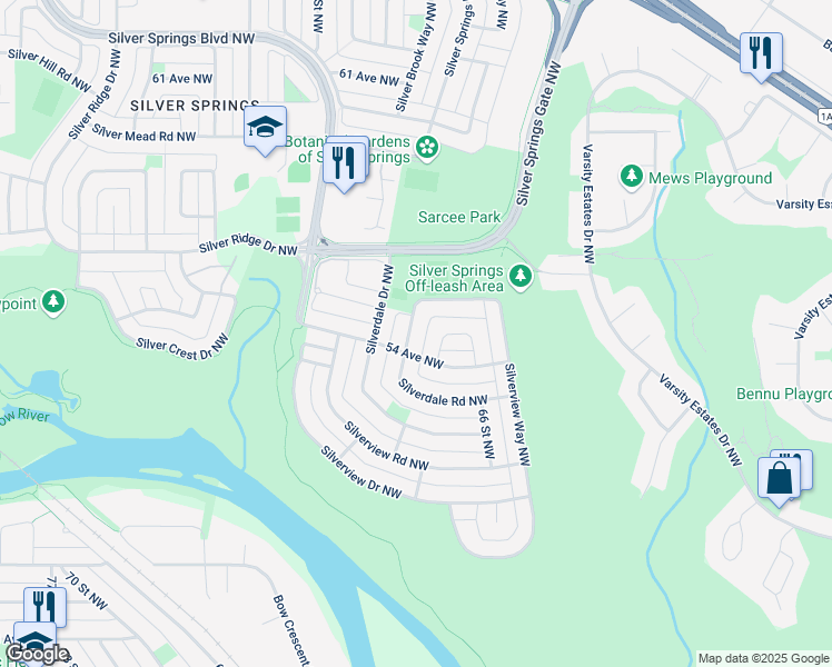 map of restaurants, bars, coffee shops, grocery stores, and more near 268 Silverview Way Northwest in Calgary