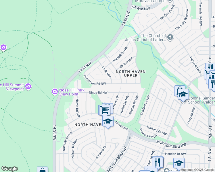 map of restaurants, bars, coffee shops, grocery stores, and more near 356 Norseman Road Northwest in Calgary