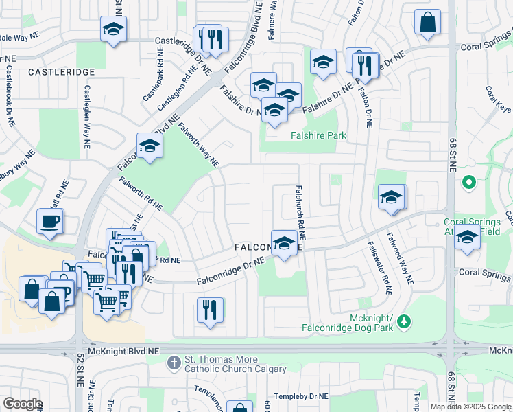 map of restaurants, bars, coffee shops, grocery stores, and more near 40 Fallingworth Court Northeast in Calgary