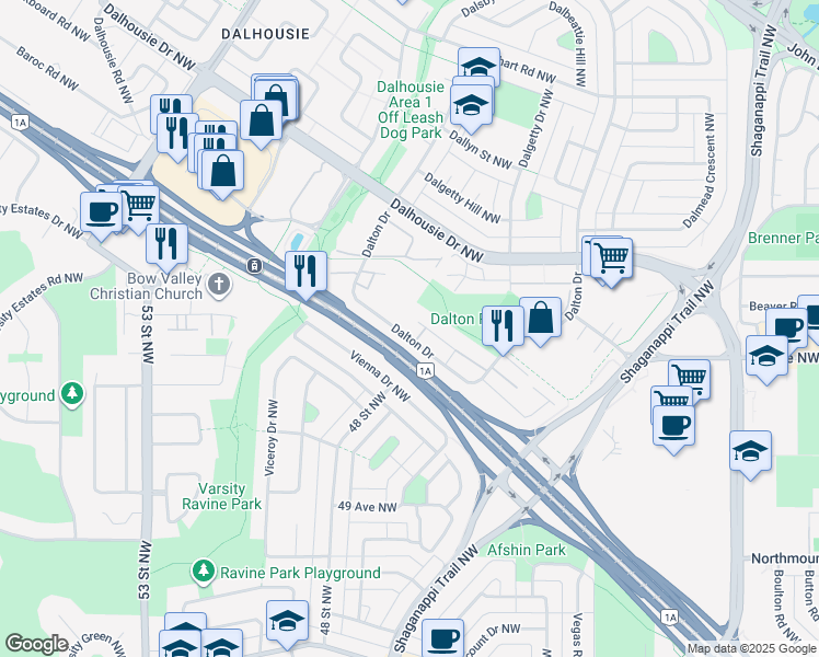 map of restaurants, bars, coffee shops, grocery stores, and more near 69 Dalton Drive in Calgary
