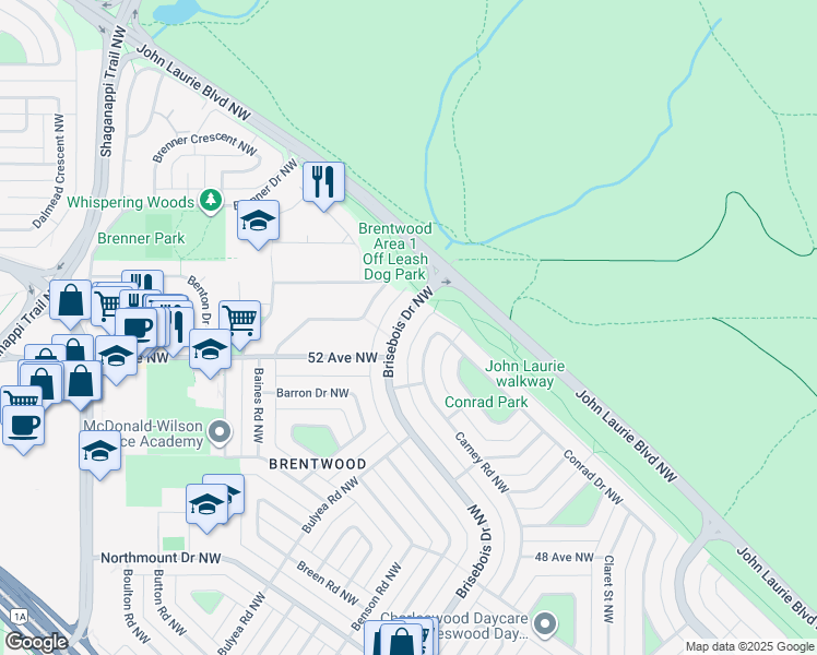 map of restaurants, bars, coffee shops, grocery stores, and more near 5340 Brisebois Drive Northwest in Calgary