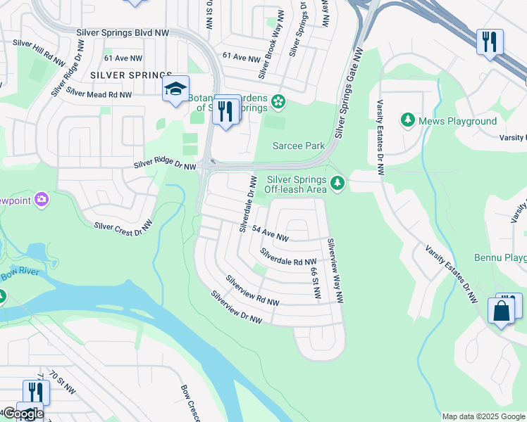 map of restaurants, bars, coffee shops, grocery stores, and more near 259 Silverview Way Northwest in Calgary