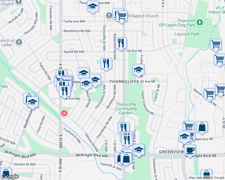 map of restaurants, bars, coffee shops, grocery stores, and more near 5615 Buckthorn Road Northwest in Calgary