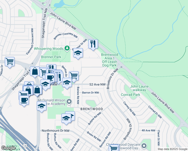 map of restaurants, bars, coffee shops, grocery stores, and more near Bannerman Drive Northwest in Calgary