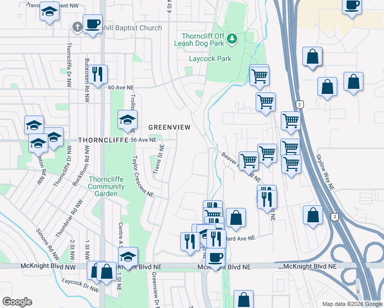 map of restaurants, bars, coffee shops, grocery stores, and more near 27 Grier Place Northeast in Calgary