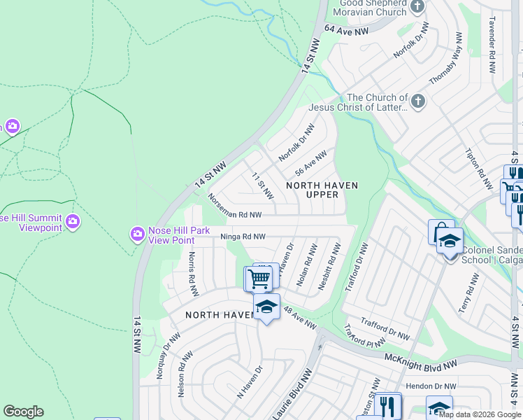 map of restaurants, bars, coffee shops, grocery stores, and more near 356 Norseman Road Northwest in Calgary