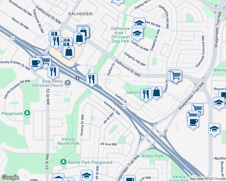 map of restaurants, bars, coffee shops, grocery stores, and more near 69 Dalton Drive in Calgary