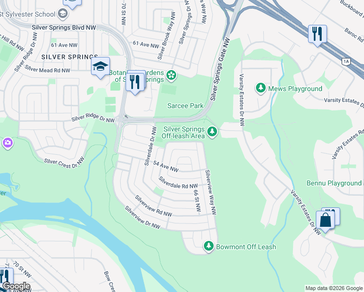 map of restaurants, bars, coffee shops, grocery stores, and more near 244 Silverview Way Northwest in Calgary