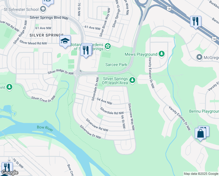 map of restaurants, bars, coffee shops, grocery stores, and more near 244 Silverview Way Northwest in Calgary