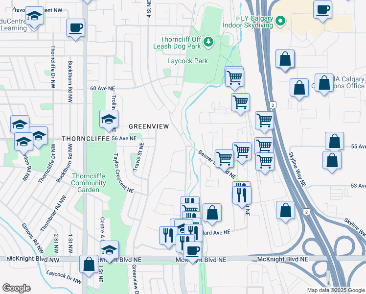map of restaurants, bars, coffee shops, grocery stores, and more near 15 Grier Place Northeast in Calgary