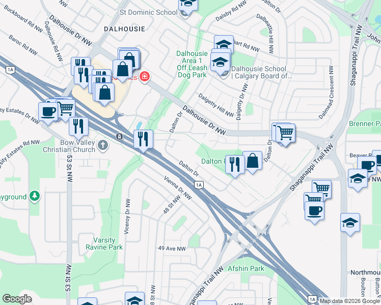 map of restaurants, bars, coffee shops, grocery stores, and more near 69 Dalton Drive in Calgary