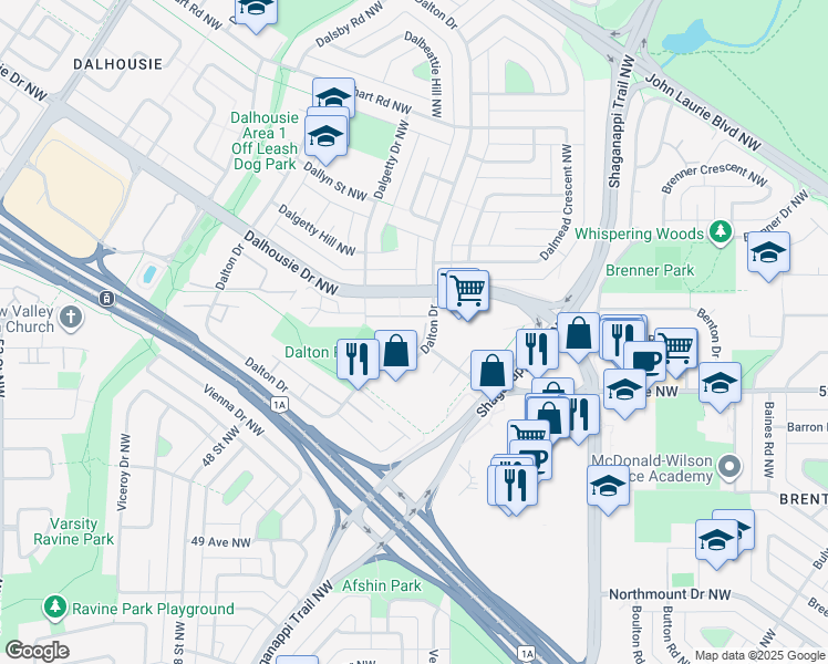 map of restaurants, bars, coffee shops, grocery stores, and more near 5601 Dalton Drive Northwest in Calgary