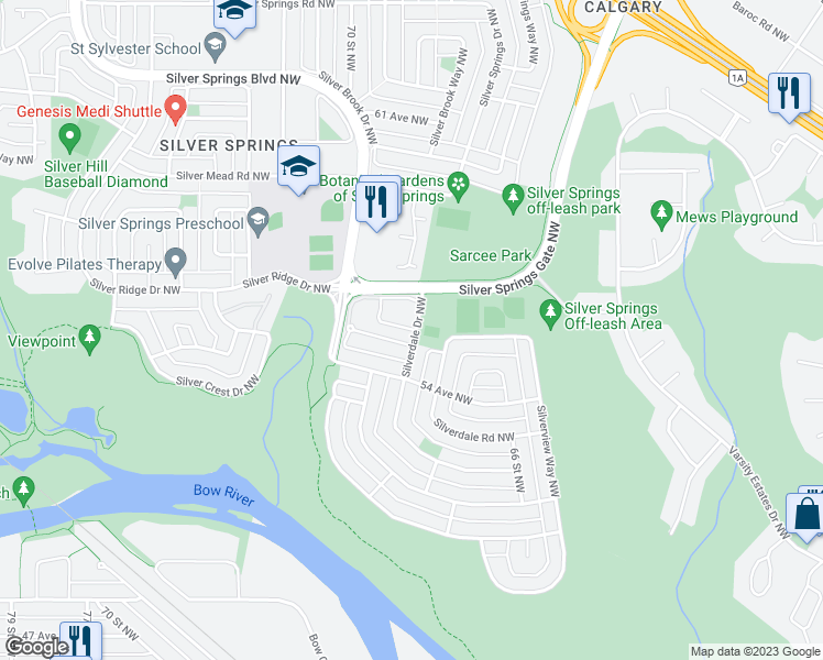 map of restaurants, bars, coffee shops, grocery stores, and more near 259 Silverview Way Northwest in Calgary