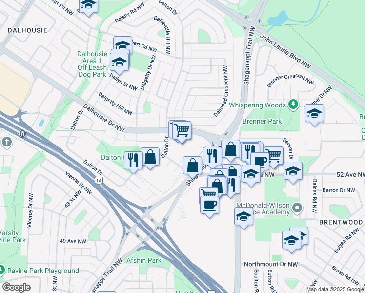map of restaurants, bars, coffee shops, grocery stores, and more near 5505 Shaganappi Trail Northwest in Calgary