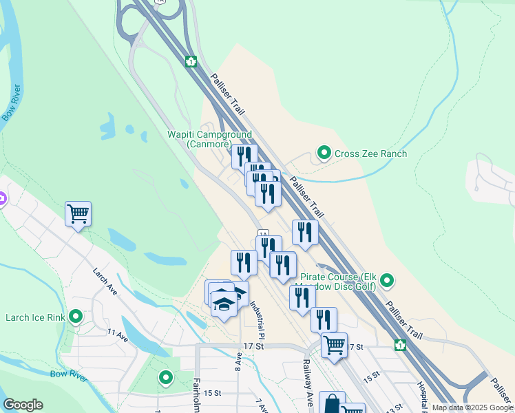 map of restaurants, bars, coffee shops, grocery stores, and more near 1729 A Mountain Avenue in Canmore