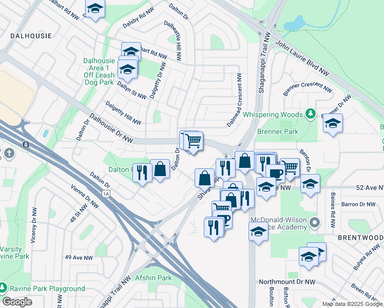 map of restaurants, bars, coffee shops, grocery stores, and more near 5404 Dalton Dr NW in Calgary