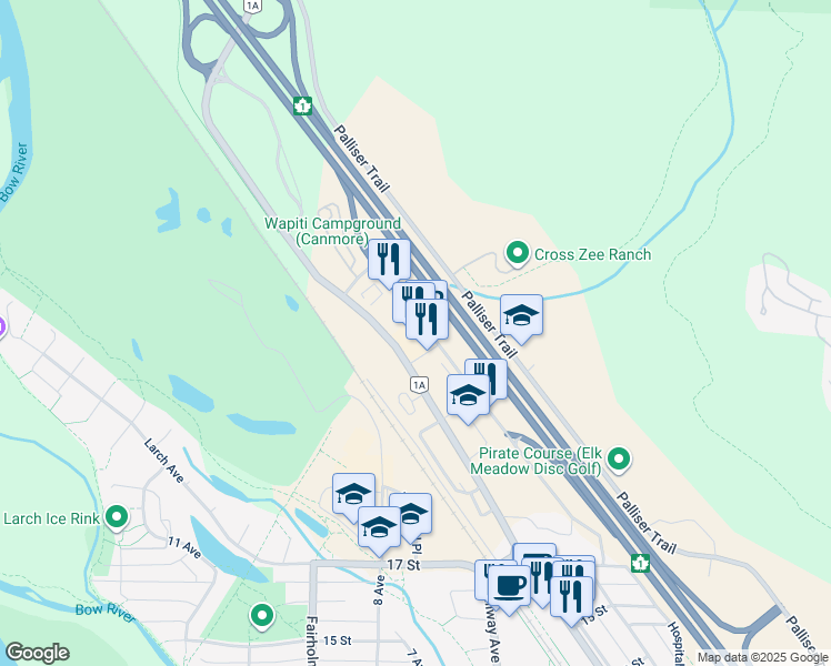map of restaurants, bars, coffee shops, grocery stores, and more near 1729 A Mountain Avenue in Canmore