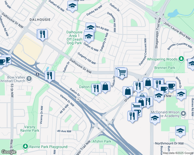 map of restaurants, bars, coffee shops, grocery stores, and more near in Calgary