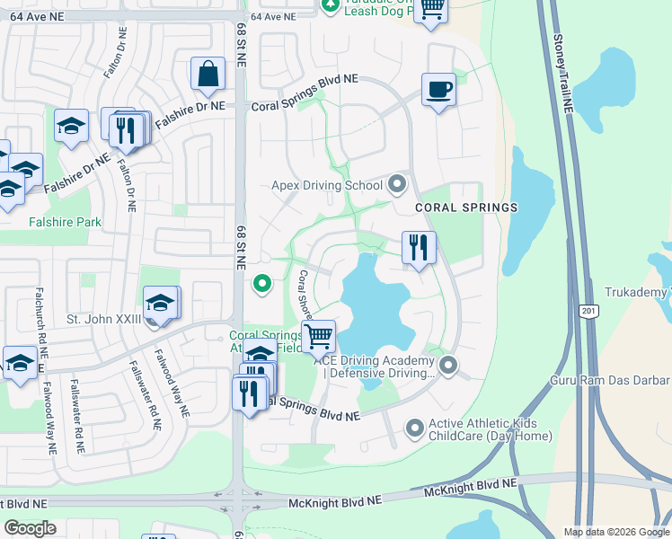 map of restaurants, bars, coffee shops, grocery stores, and more near 5232 Coral Shores Drive Northeast in Calgary