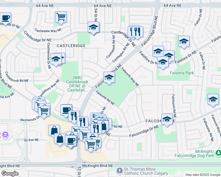 map of restaurants, bars, coffee shops, grocery stores, and more near 5700 Falconridge Boulevard Northeast in Calgary