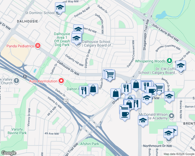 map of restaurants, bars, coffee shops, grocery stores, and more near 5601 Dalton Drive in Calgary
