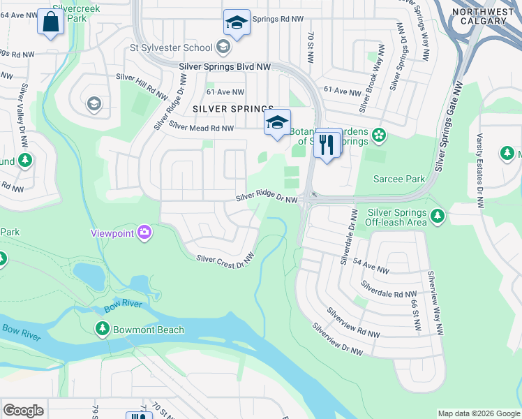 map of restaurants, bars, coffee shops, grocery stores, and more near 116 Silver Crest Drive Northwest in Calgary