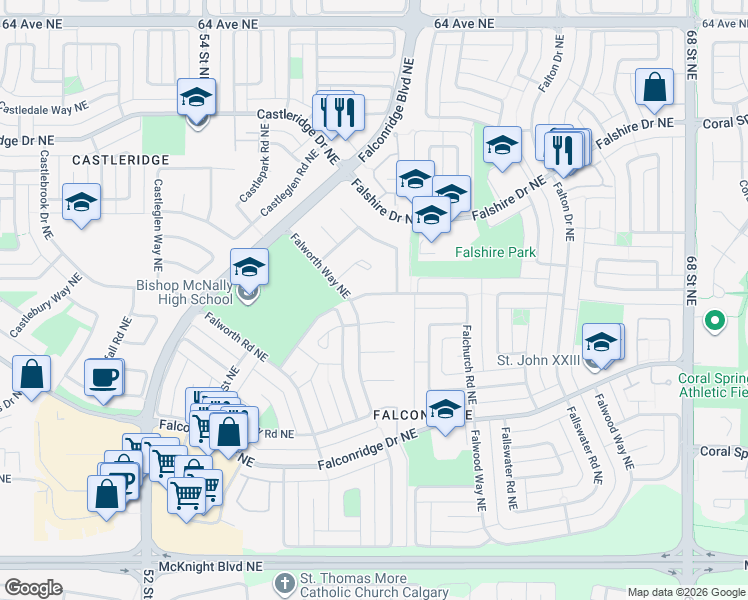 map of restaurants, bars, coffee shops, grocery stores, and more near 13 Falchurch Road Northeast in Calgary