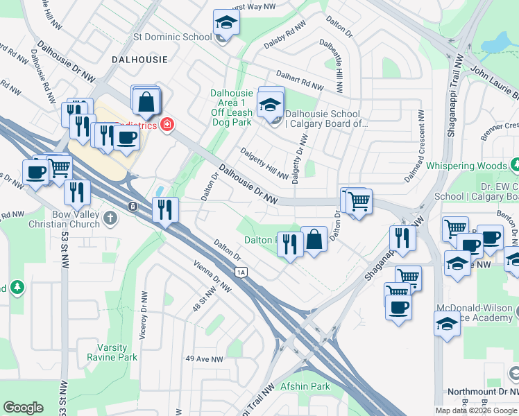 map of restaurants, bars, coffee shops, grocery stores, and more near 5735 Dalgetty Drive Northwest in Calgary