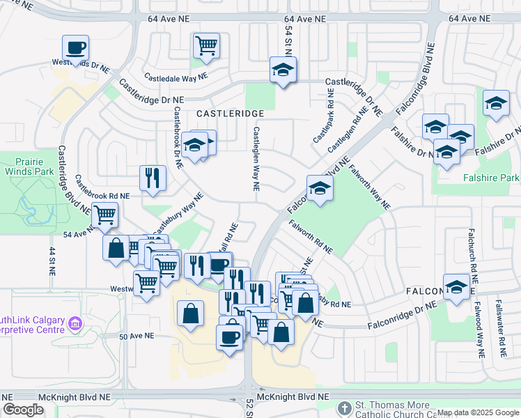 map of restaurants, bars, coffee shops, grocery stores, and more near 19 Castlebrook Drive Northeast in Calgary
