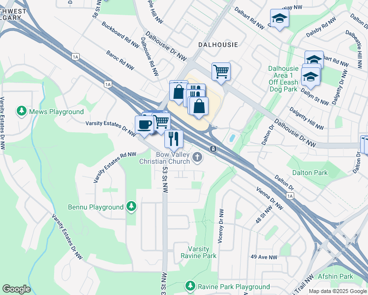 map of restaurants, bars, coffee shops, grocery stores, and more near in Calgary